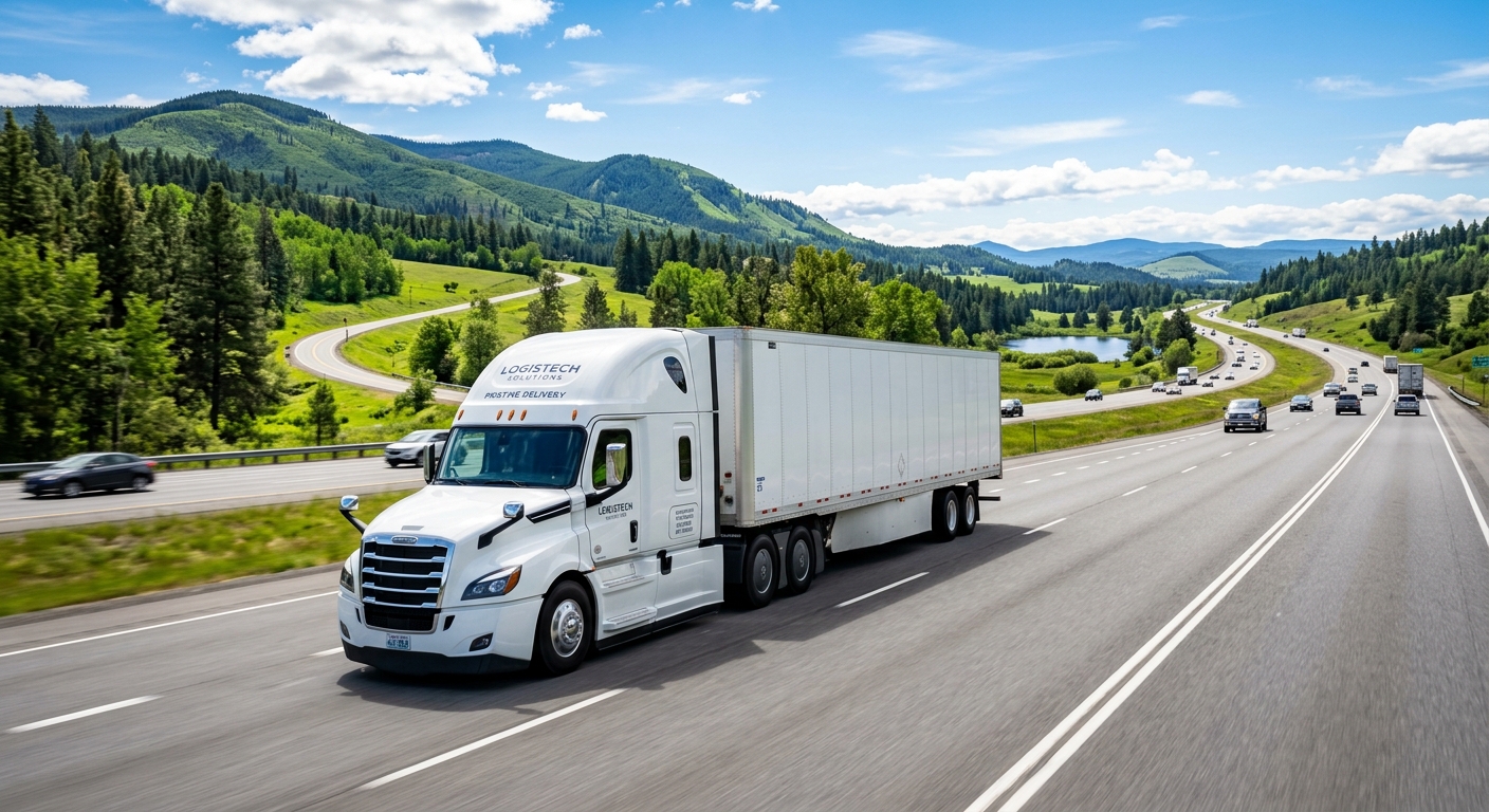 משאית סמי-טריילר לבנה נוסעת על כביש מהיר על רקע נוף הרים ירוק, המייצגת שירותי הובלה ולוגיסטיקה